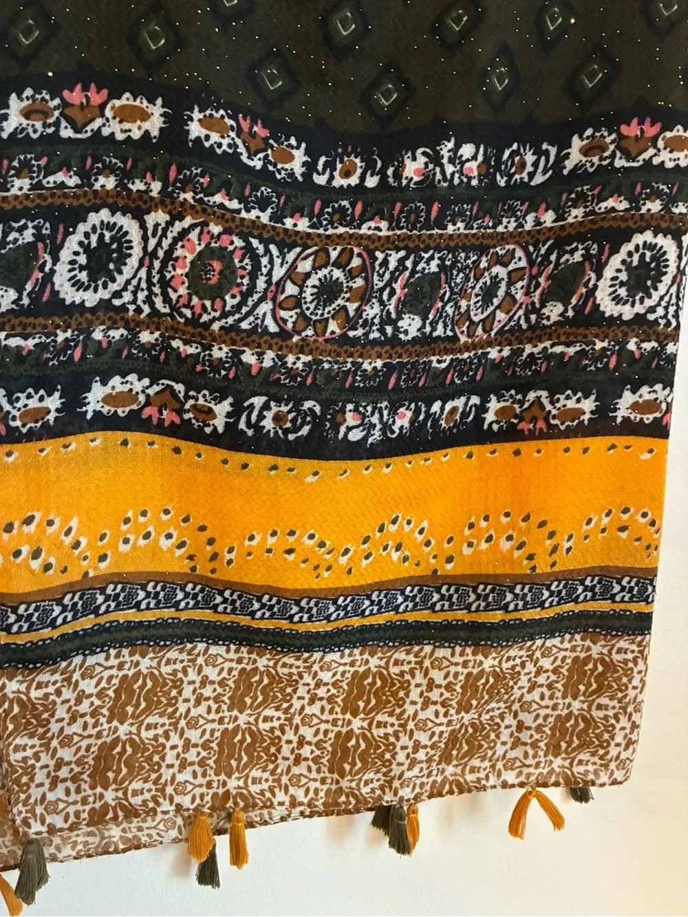 Olive Green & Mustard Printed Tassel Scarf Dupatta Shawl